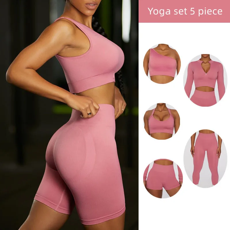 2022 New Women High Elastic 5 Piece Seamless Gym Sports Short Yoga Wear Workout Clothing Set Fitness Activewear