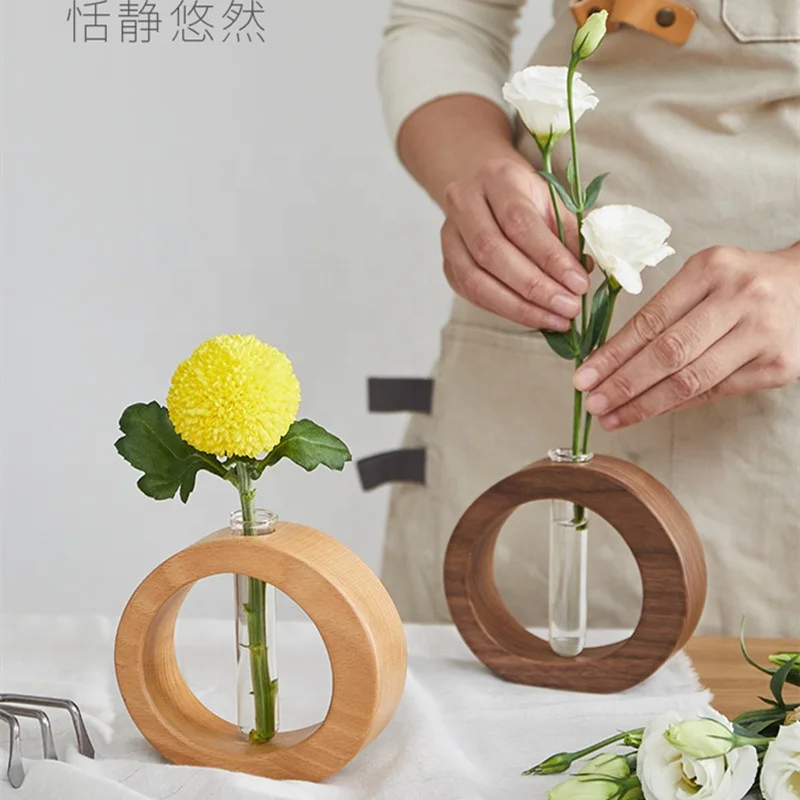 Desktop Wooden Vases Glass Tube Flower Bud Vase Hydroponic Home Decor With Solid Wood Frame