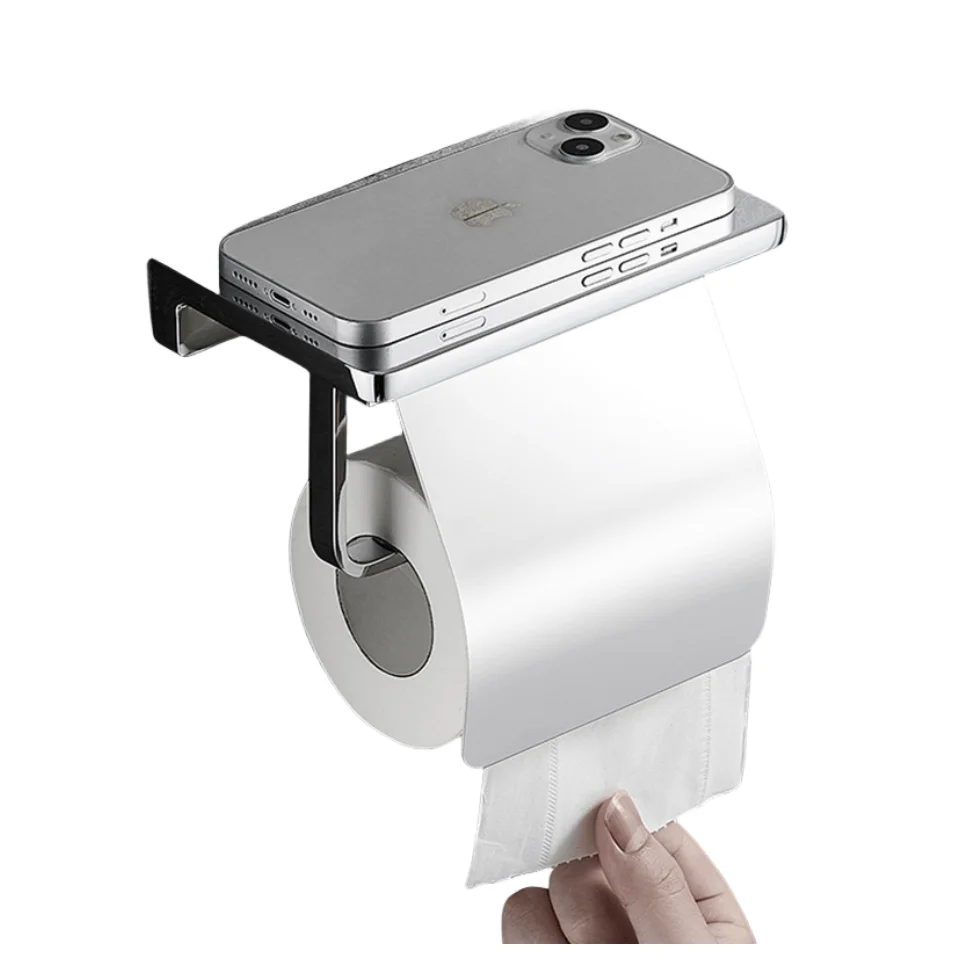 Bathroom Toilet Towel Phone Paper Holder Wall Mounted Wc Roller Paper Holder With Shelf Towel Rack Tissue Boxes Black