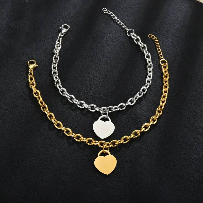 Hot Selling 2022 Toppik Jewelry Stainless Steel Chunky Chain Heart Charm DIY Lettering Name Engraving Bracelet
