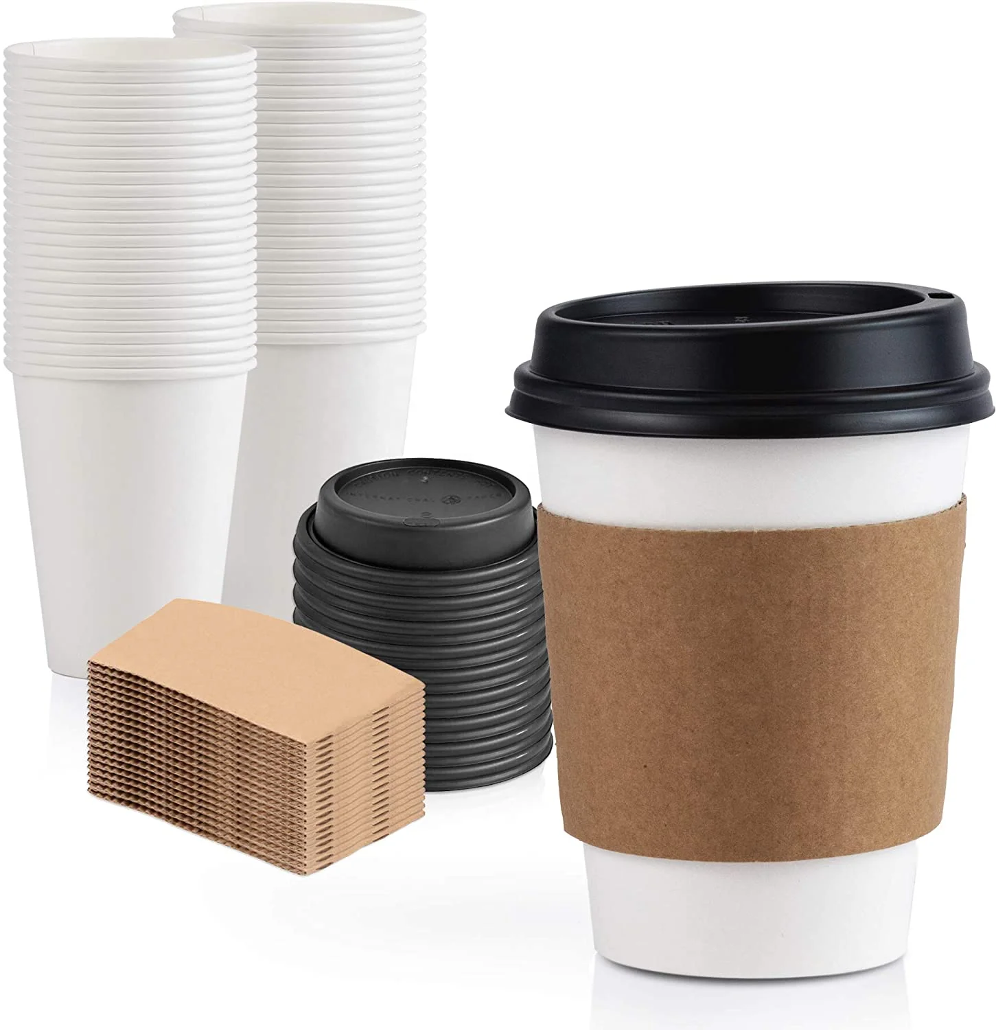 High quality Custom Design printing 12oz/16oz/8oz disposable hot drink coffee kraft white brown paper cup with lid and sleeve