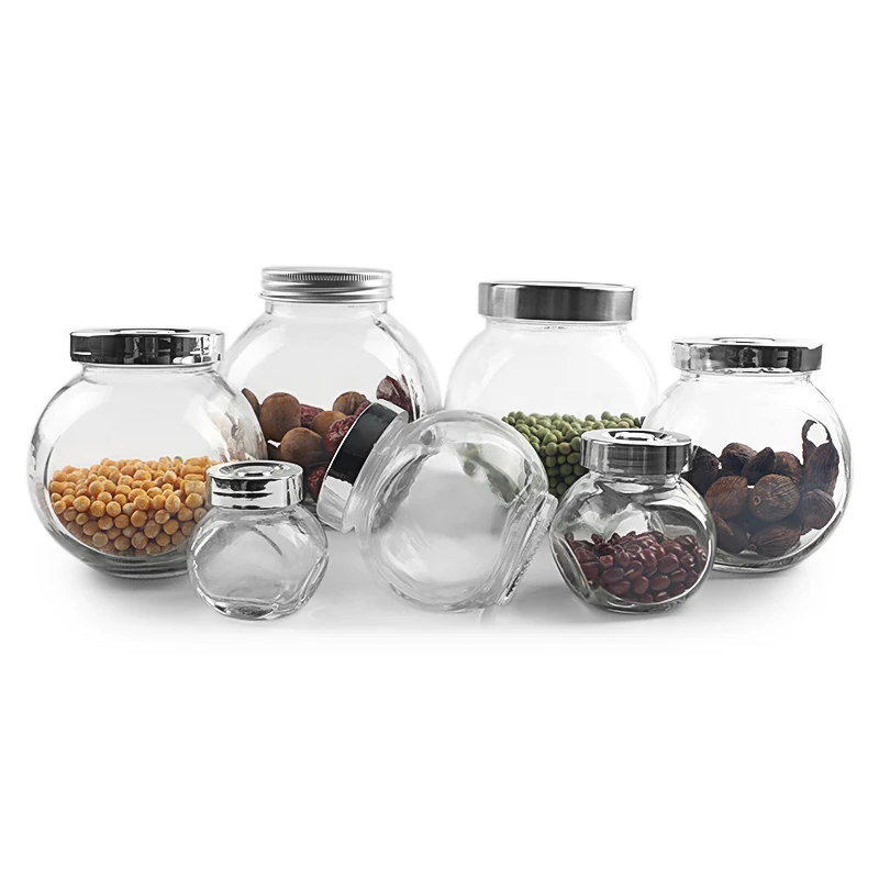 180ml Flat Drum Shaped Clear Glass Food Storage Jar With Electroplate Lid
