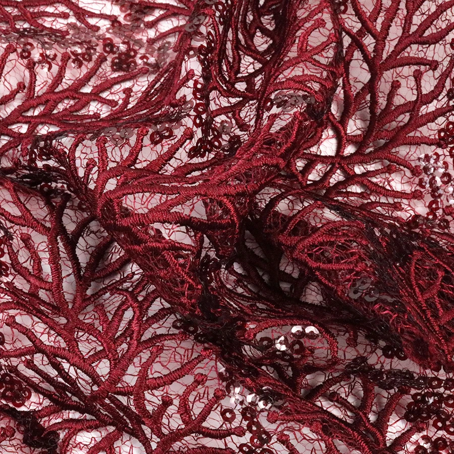 Luxury Red 4mm Transparent Spangle Embroidery Lace Spider Mesh Cup Sequin Fabric for  Wedding and  Evening Party Dress