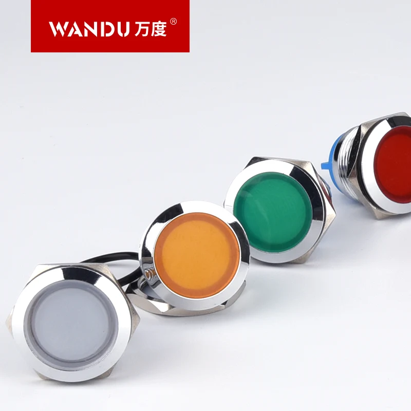 Индикаторная лампа с плоской головкой и шариковой головкой, металлическая сигнальная лампа, WD 19 мм, винтовой штифт, с проводом, металл, красный, зеленый, желтый, синий, белый, IP 65 WANDU