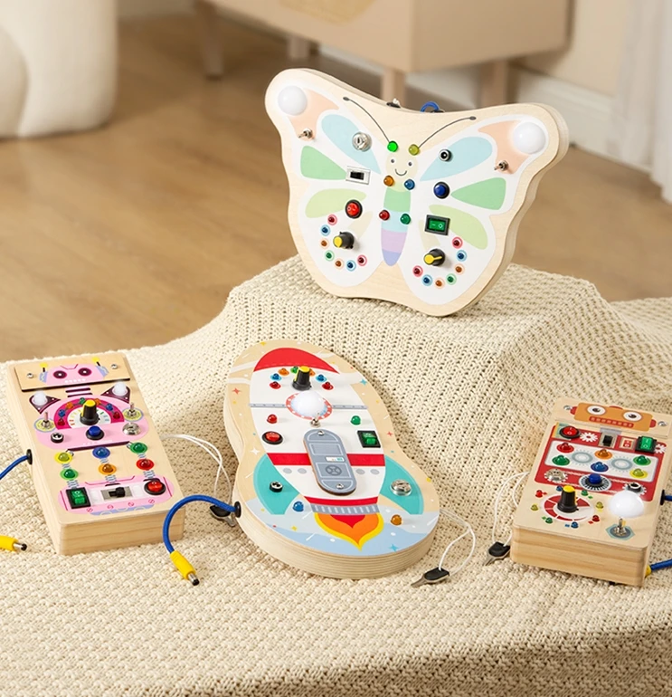 wholesale educational toy factory direct selling Montessori Wooden Busy Board with LED Light switches Sensory Toys OEM ODM
