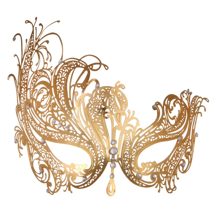 Shiny Gold Masquerade Mask for Women Mardi Gras Venetian Rhinestone Laser Cut Metal Masks Carnival Bar Party