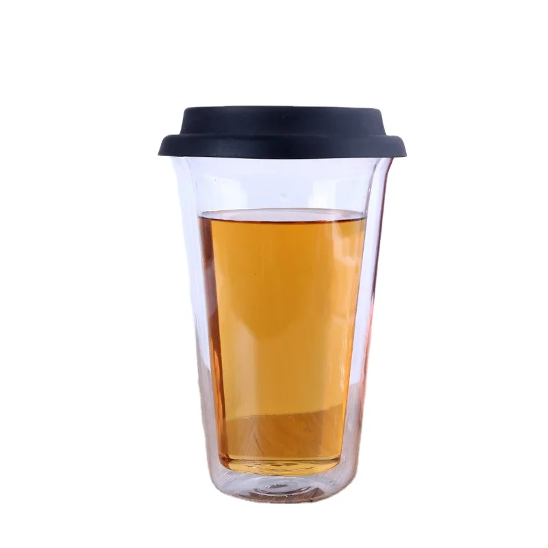 350ml Customized High Quality Handmade Blown Double Wall Glass Insulated Tumbler Glass Cup with Lid for Coffee Jiuce and Water