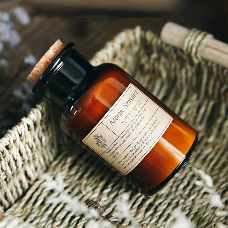 artificial home wedding decor oil vanilla lemon aromatic pharmacy amber bottle customize logo scented favor odor candle with box