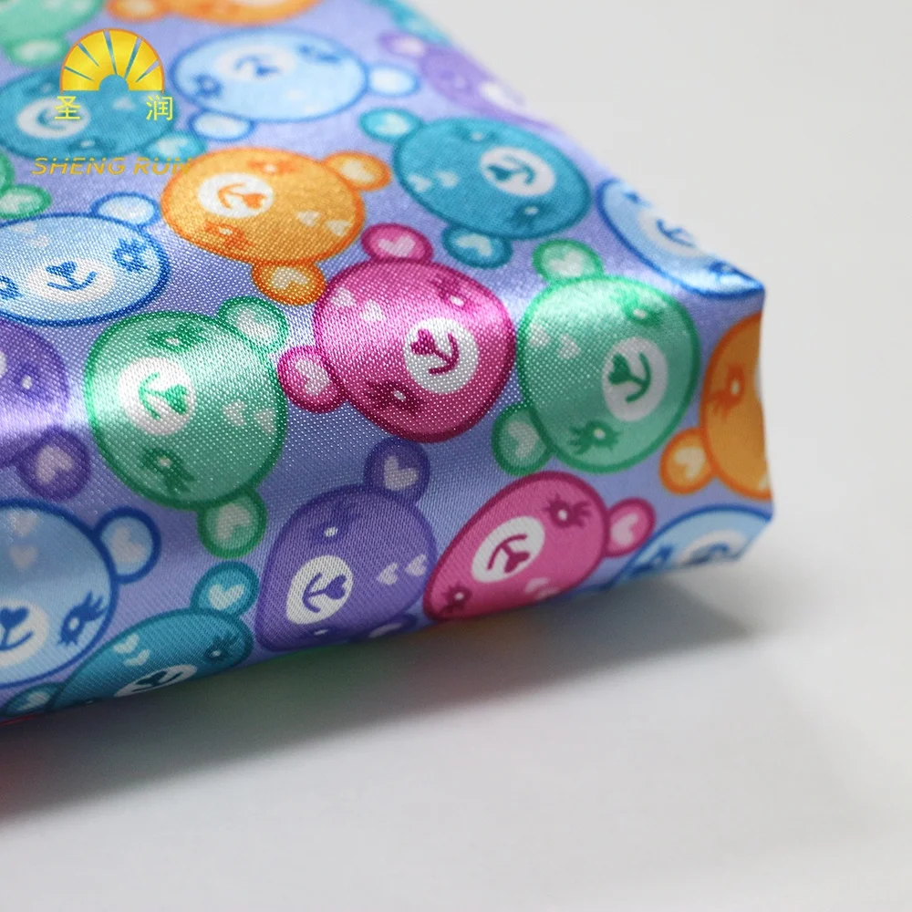 No MOQ Custom Printed Color Cartoon Bear Polyester Satin Pajamas Fabric