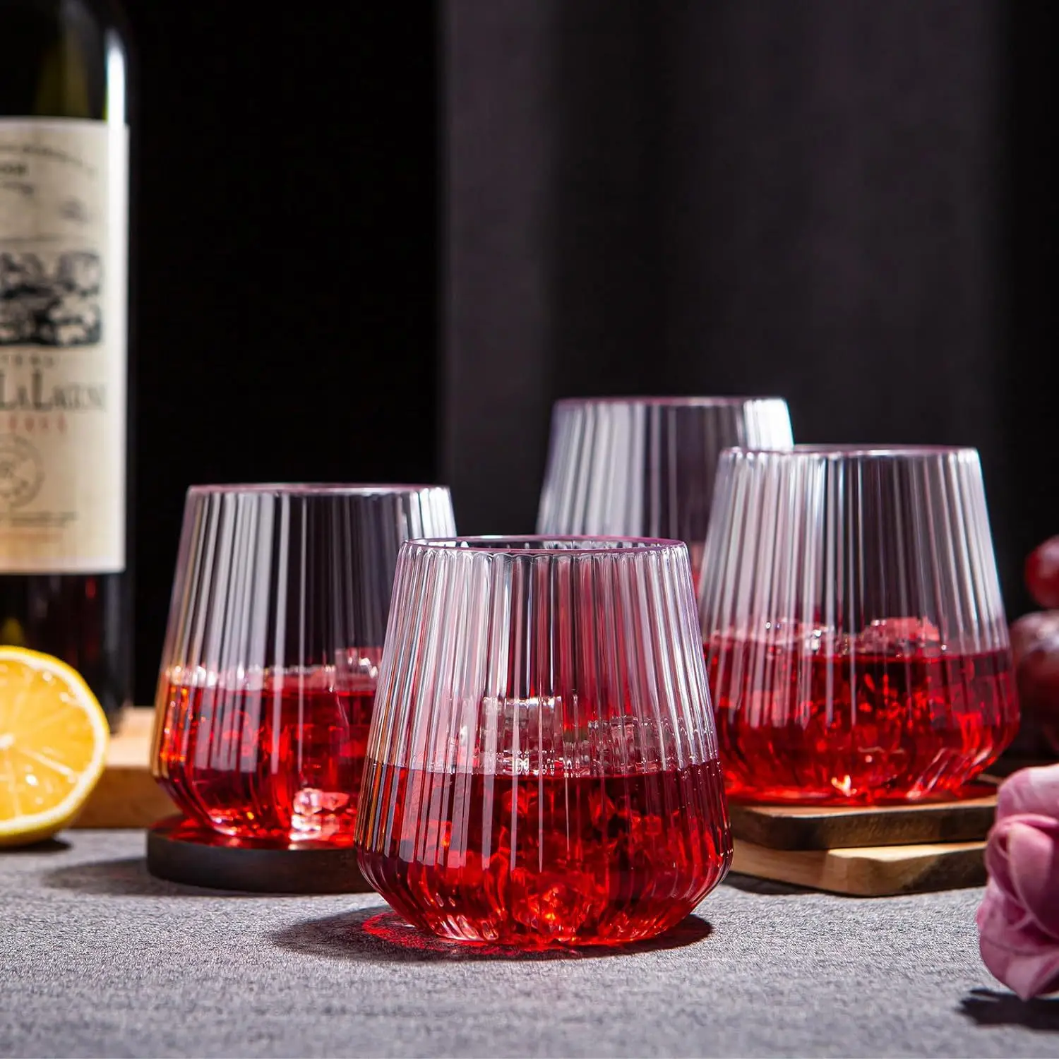 14Oz Disposable & Reusable Unique Vintage Stemless Plastic Ribbed Drinking Wine Glasses for Champagne Dessert Catering Weddings