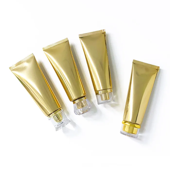 luxury high quality 50ml 100ml shiny soft aluminum plastic tube silver/gold aluminum cream soft tube serum bottle with flip lid