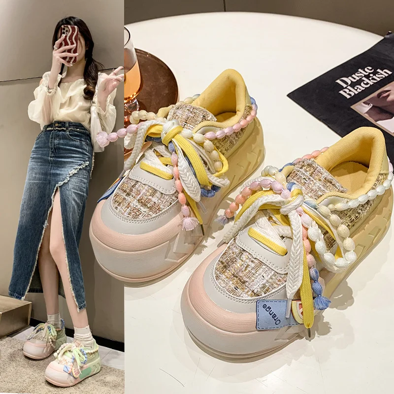 IDOIT Frayed Trim Chunky Shoes Platform Sneakers For Women Designer Shoes Hip Hop Girl Platform Sneaker Woman Distressed Shoes