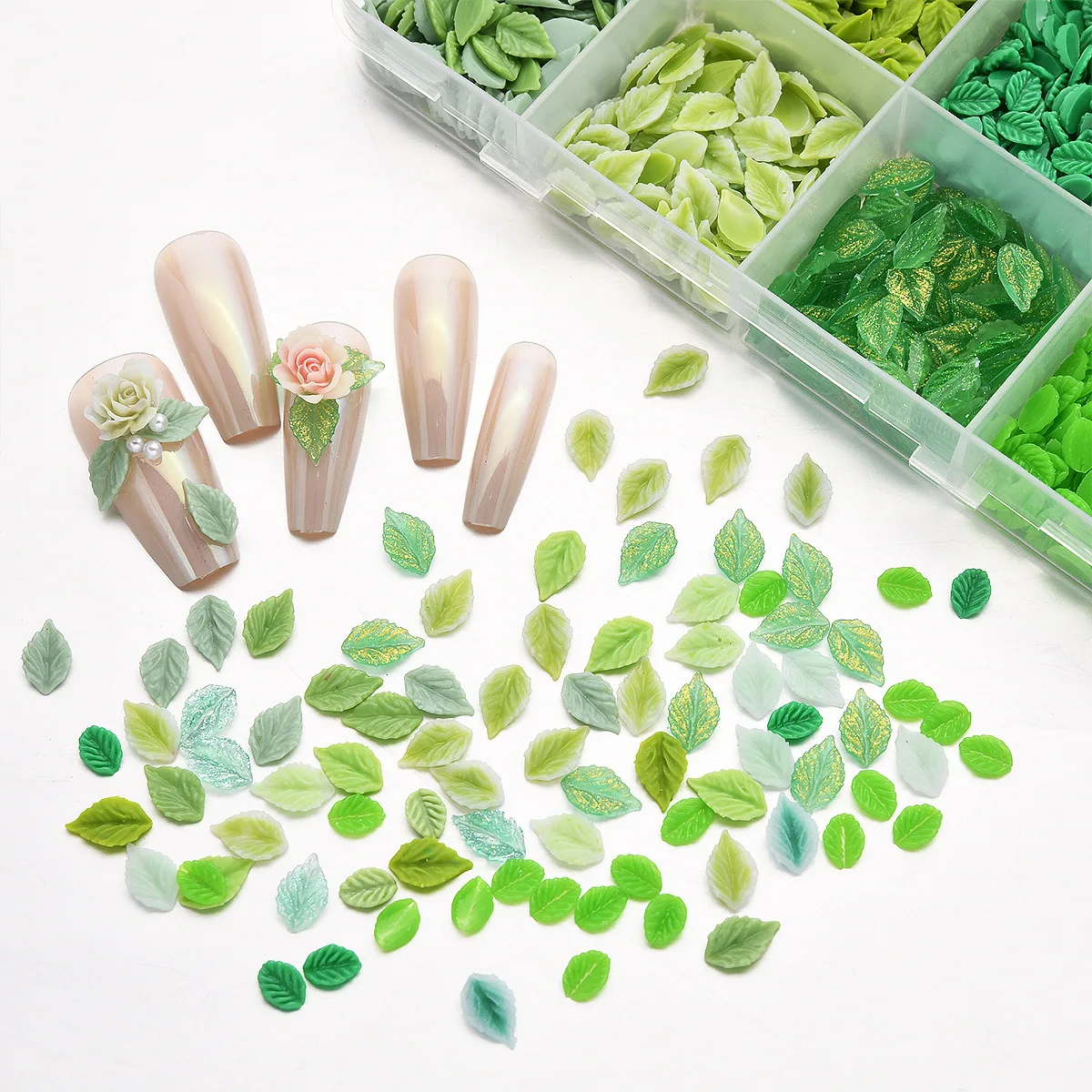 Hypoallergenic Green Leaf Nail Art Charms 3D Matte Glitter Mixed Rhinestones Leaves Nail Decorations for DIY Manicure Salon