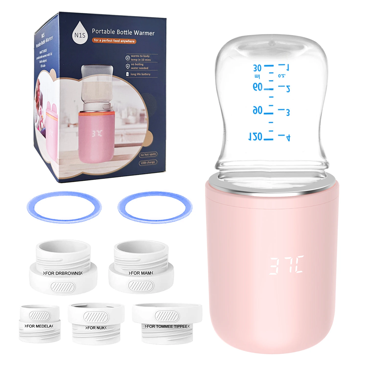 N1S Quick Heating in 3 Minutes Portable Bottle Warmer Breast Milk warmer for Most Bottles with Temperature Control, 3 Adaptors