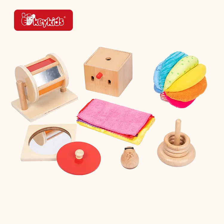 7 in 1 Wooden Montessori Baby Toys Infant Play Set with with Sensory Balls, Spinning Drum, Teether Ring W12F247