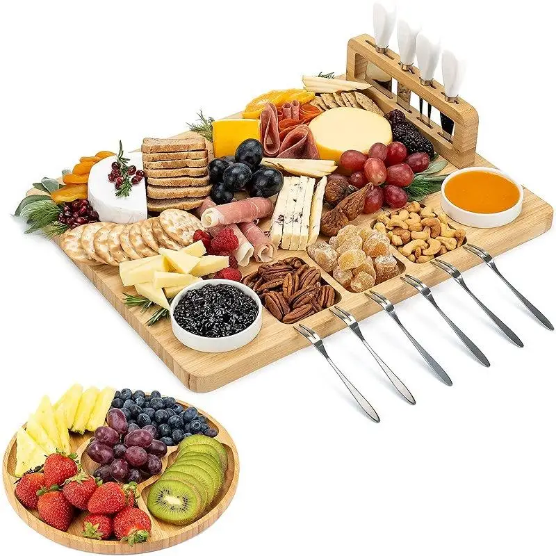 Wholesale Bamboo Wooden Cheese Board Cutting Board Serving Tray Set With Cutlery Set