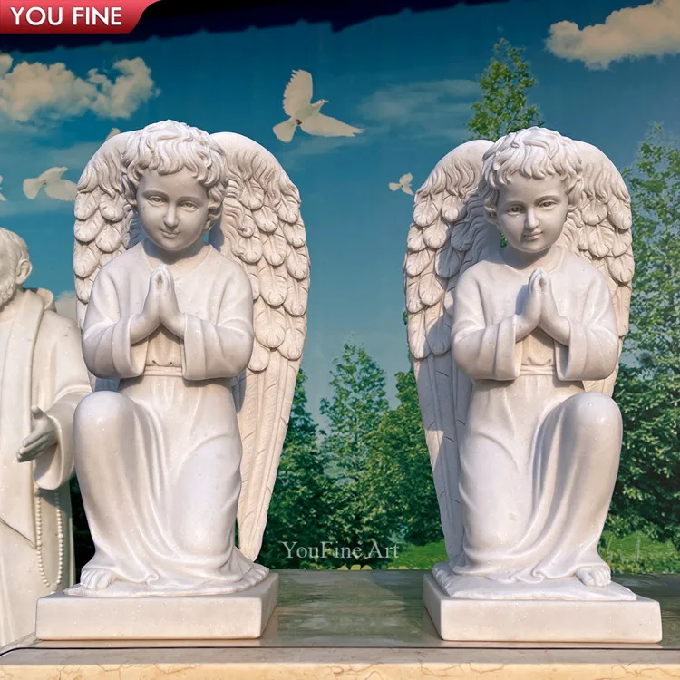 Life Size Hand Carved Praying White Marble Kneeling Angel Statue