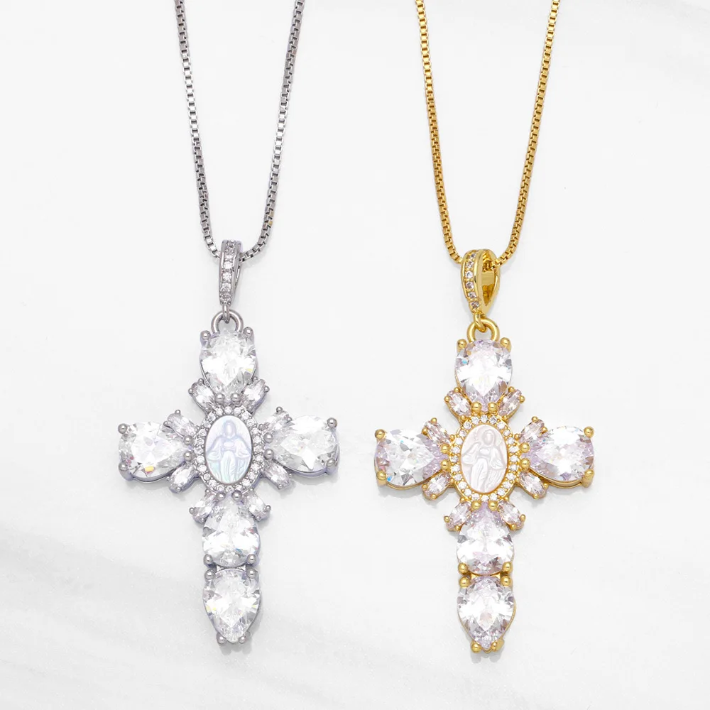 Luxury cz diamond zircon pave cross pendant virgin mary necklace jewelry for girls