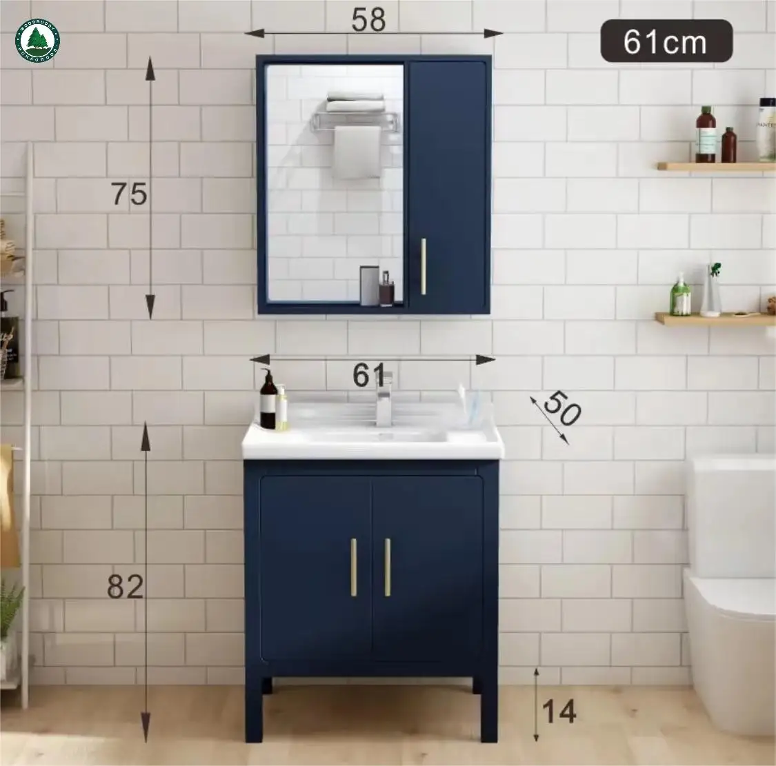 2022 New Customized Modern Bathroom Vanity Popular Blue Bathroom Cabinet Set With Storage Mirror With Metal Legs