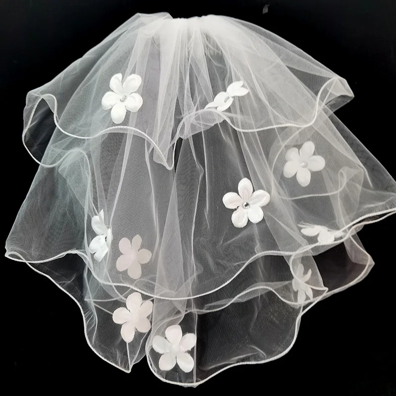 Veil headdress Vintage white short wedding veils and accessories Double trimmed pearl bow with drill comb 40-50cm bridal veil