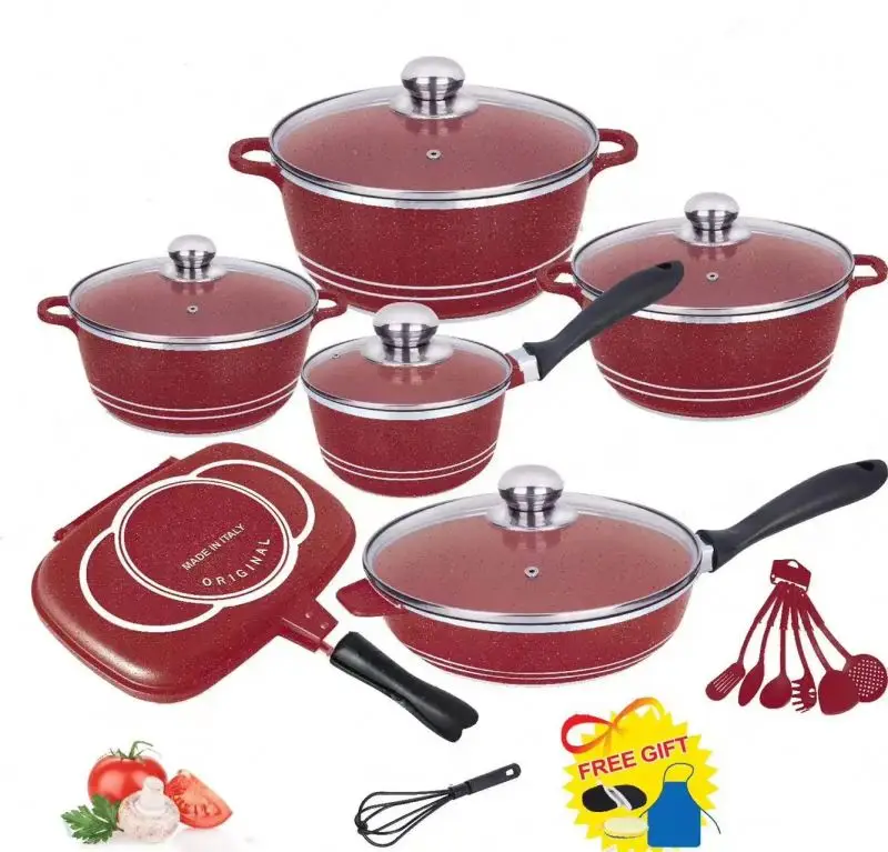 23PCS Non-Stick Cookware Sets Home Cooking Die-Cast Aluminum with Glass Lids and Wooden Handle