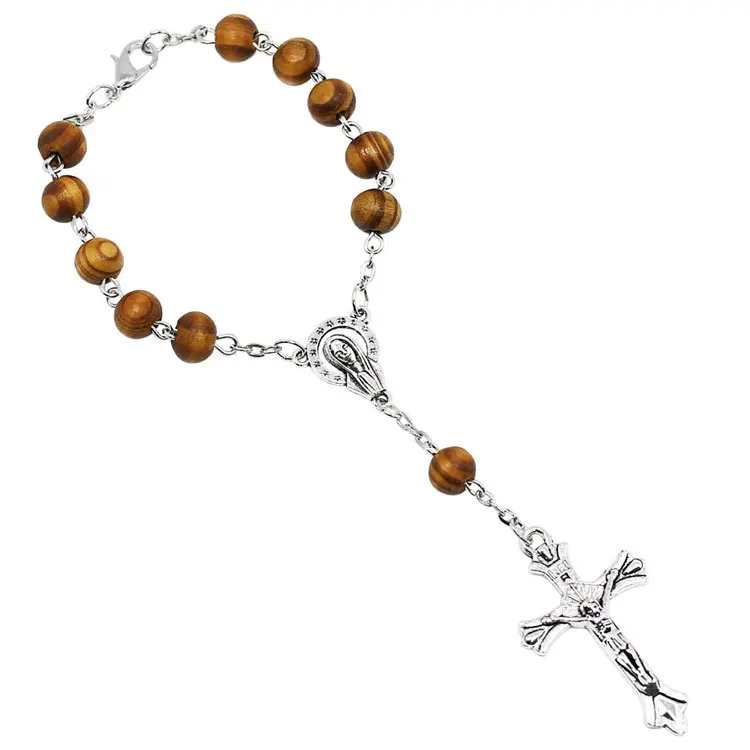 NX27 Balry Jewelry Catholic Christian Rosary wood bead bracelet Car Hanging Virgin Mary Pine Wood cross bracelet wholesale
