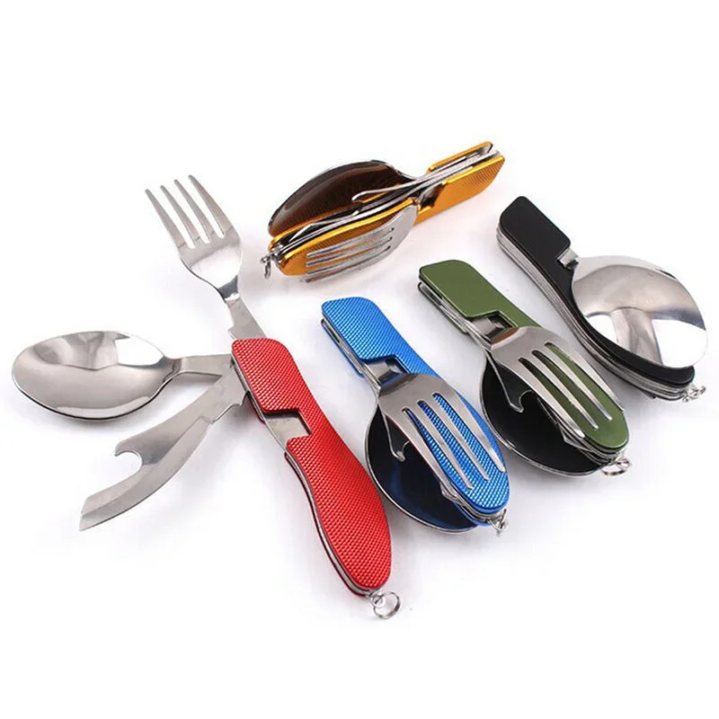 EDC Stainless Steel Key Chain Forks Food Grade Pocket Knives and Spoons for Outdoor Camping and Hiking