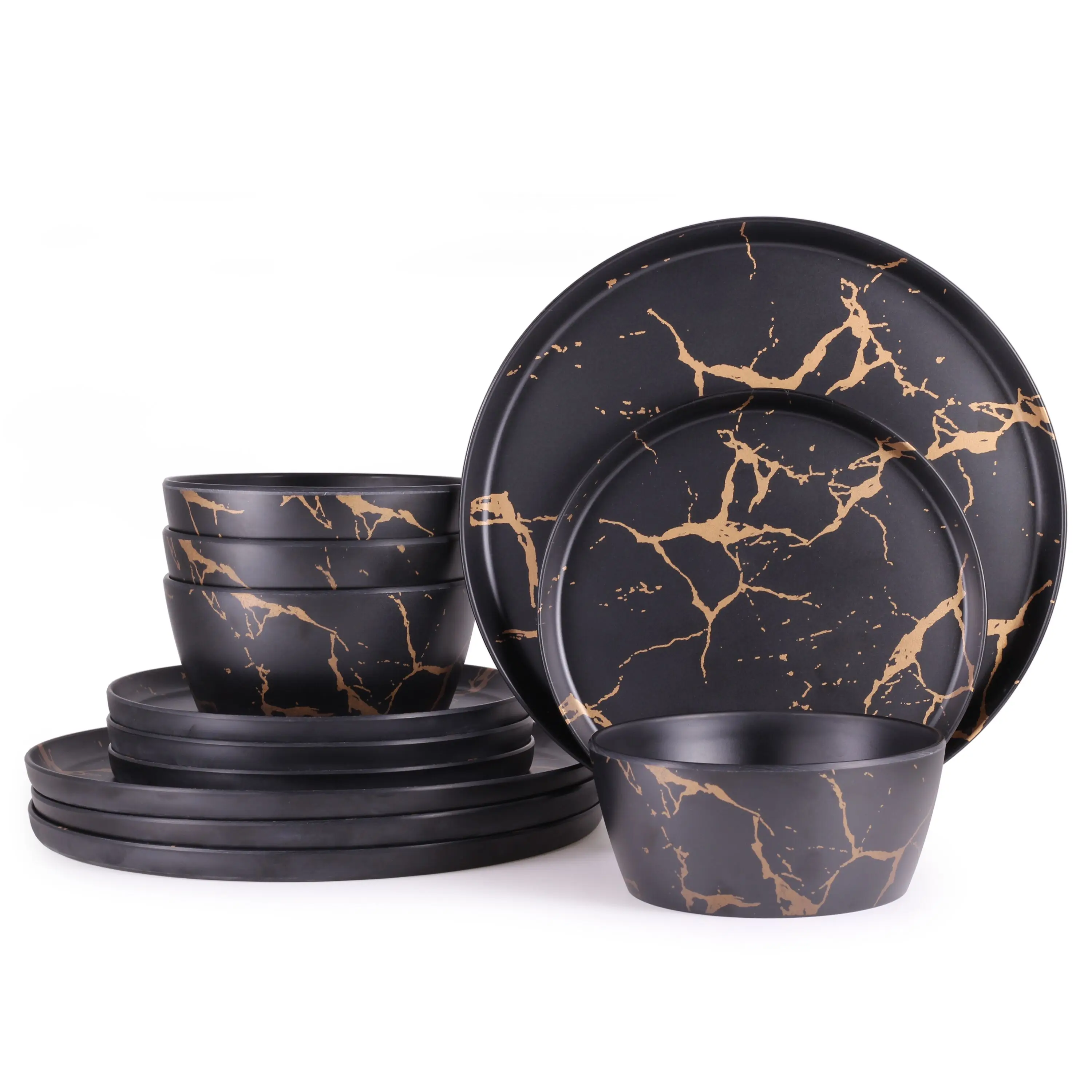 High Quality Melamine Dinner Set Black Marble Plastic tableware set set of 12