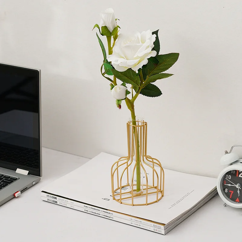 Nordic Ins Iron Golden Hydroponic Vase Home Wedding Decoration Accessories Living Room Dining Table Decor Dry Flowers