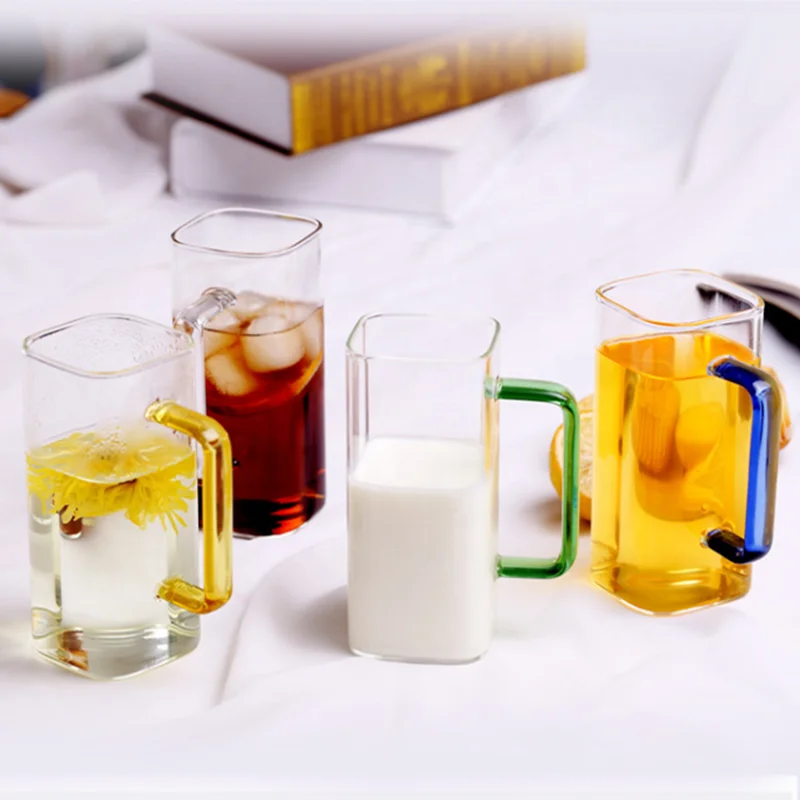 WONDER  high borosilicate Simple square Glass cup With Handle Household Water Cup coffee Drinking Mug breakfast  milk cups