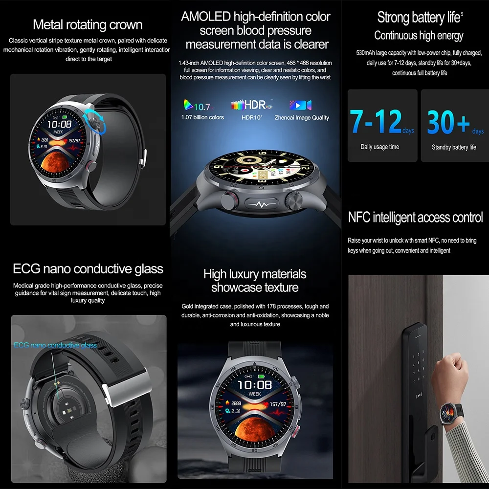 AMOLED NFC SmartWatch ECG Air Pump Balloon Precise Blood Pressure Voice Broadcast health monitoring Reloj Smart watch