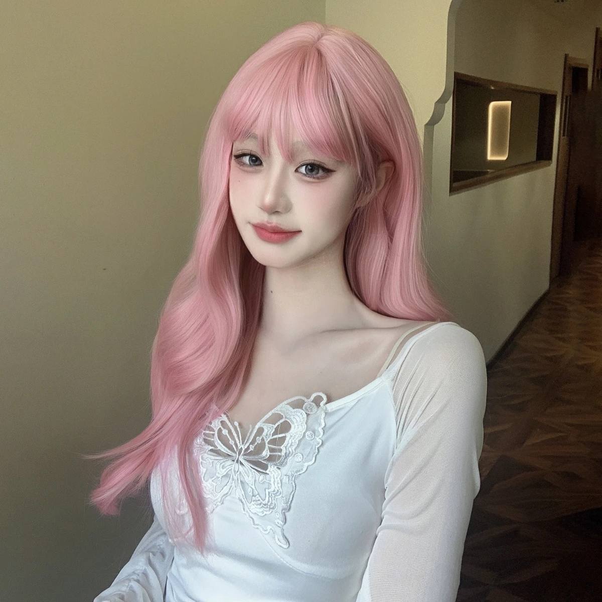Anxin Long Natural Wavy Pretty Pink Synthetic Wigs with Bangs for Women Daily Use Cosplay