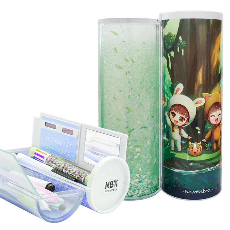 
Newmebox Glitter Luminous Quicksand Plastic Pencil Box Unusual Cylindrical Multifunctional Pencil Case For Girls 