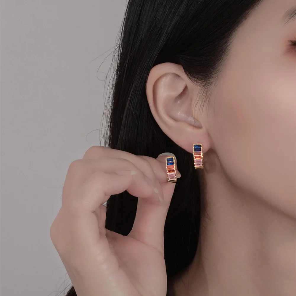 Colorful emerald zircon earrings cz hoop 18k gold plated 925 sterling silver cubic zirconia huggie earrings