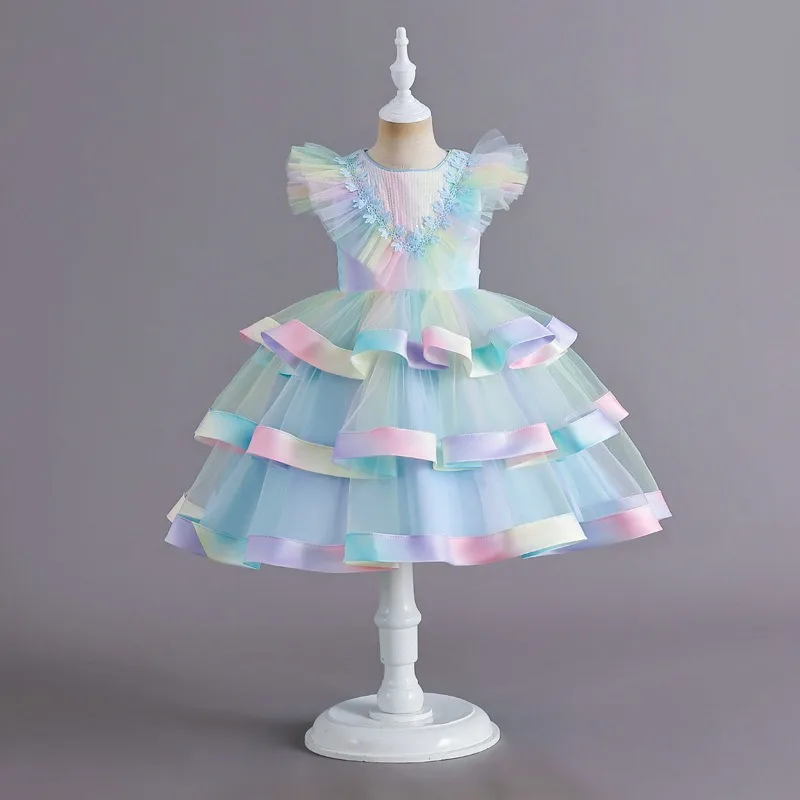 2024 Summer new rainbow sequin decoration sleeveless dress with round neck flying  zipper fluffy party performance evening dress