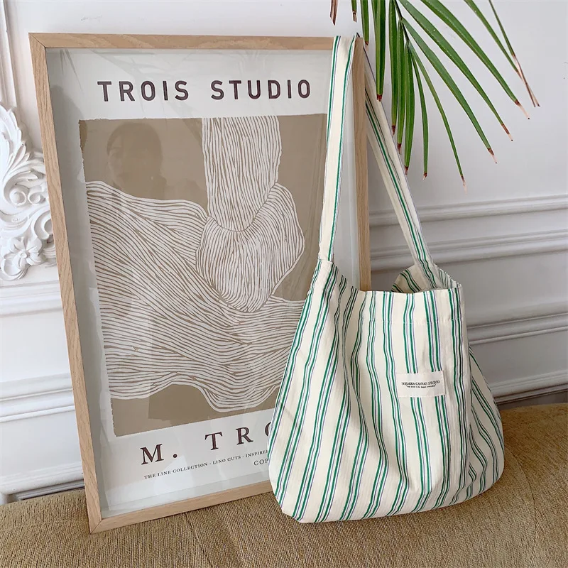 Large Capacity Popular Leopard Shopping Bag Eco-friendly Stripe Shoulder Bag Flower Women Canvas Tote Bag