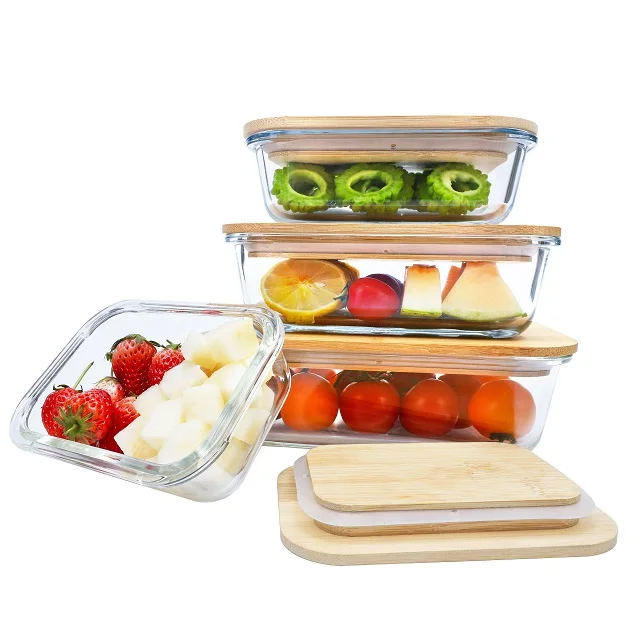 Heat Resistant Borosilicate Glass Meal Prep Lunch Box Glass Food Container with Bamboo Lid for Food Storage