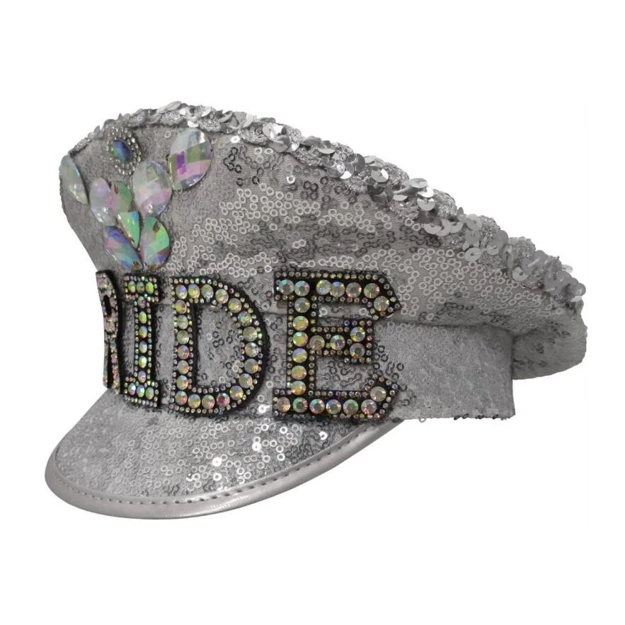 Deluxe Iridescent Silver Flip Sequin Jeweled Festival Military Captain Hat
