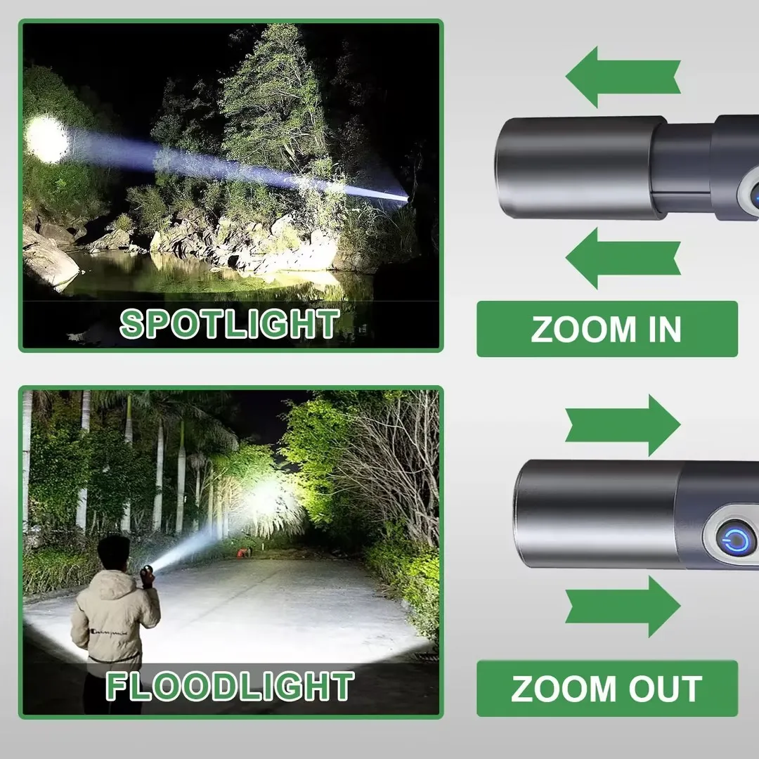 Outdoor Long Range Telescopic Zoom Torch with LED Factory Price Type-C Charging Rechargeable Battery Outdoor Camping Emergency