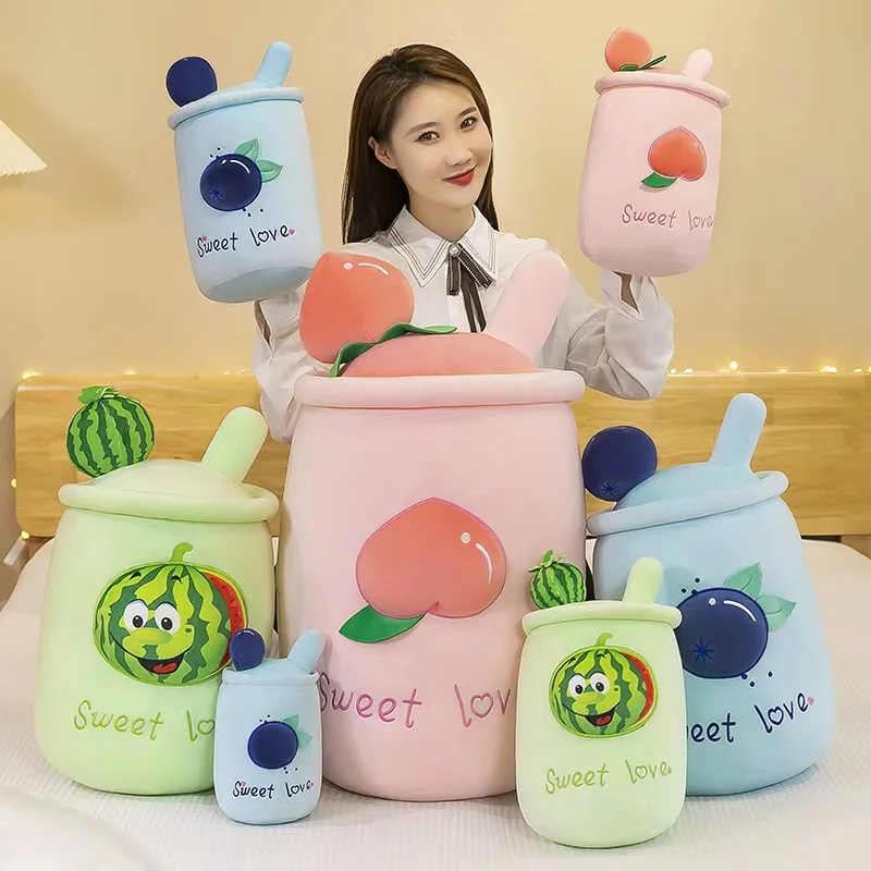 Lower MOQ Boba Fruit Tea Plush Toy Milk Tea Fruit Cup Plush Pillow Stuffed Boba plush toy wholesale