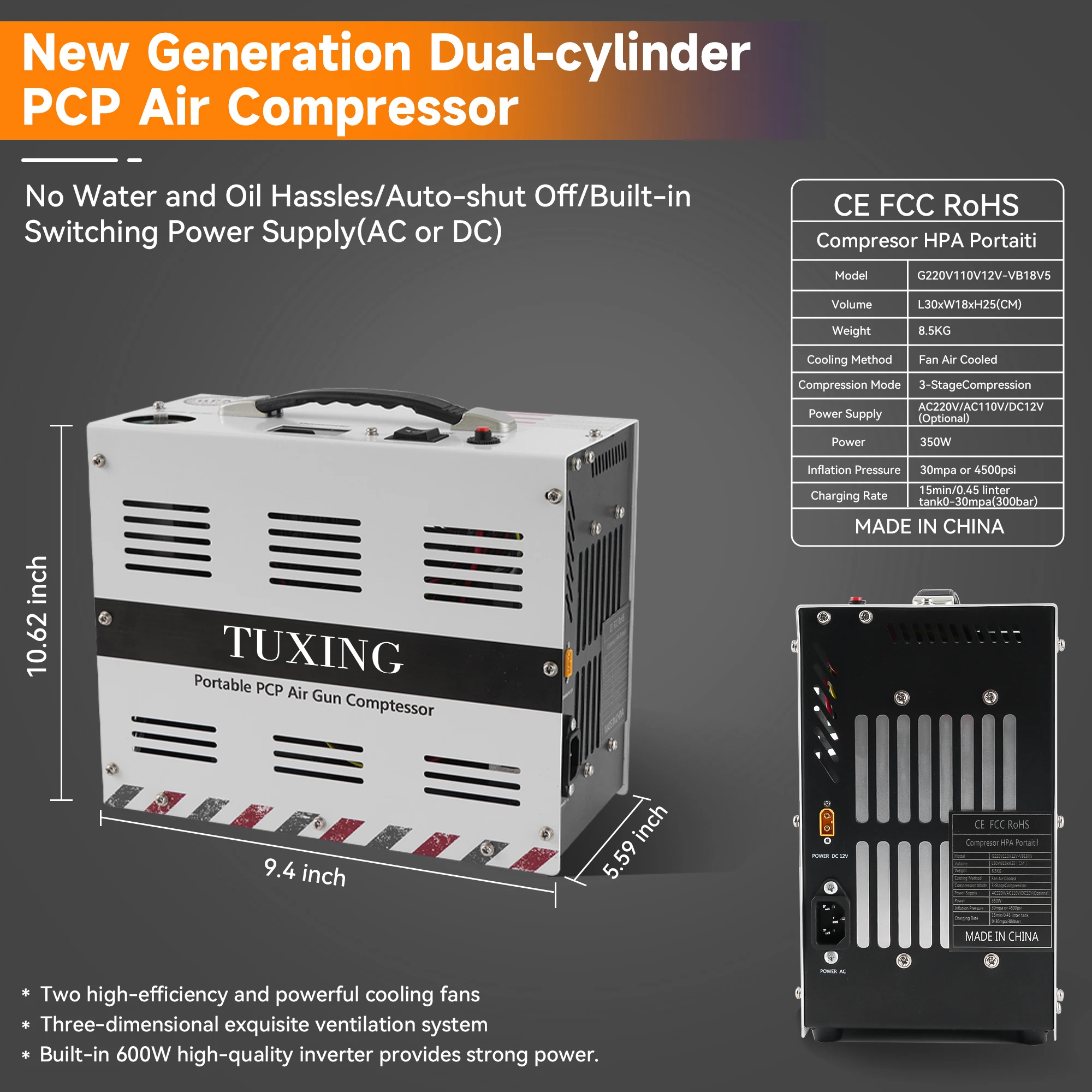 TUXING Hot Sale Custom Color 12V 4500psi 300bar 30mpa DC 220V Auto Stop Double Cylinder Breathing Paintball PCP Air Compressor