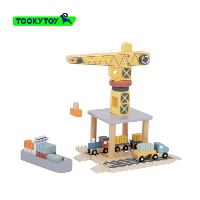 RTS Dock crane wooden toy, shipping container simulation transport playhouse toy, tower crane model toy with lifting function.