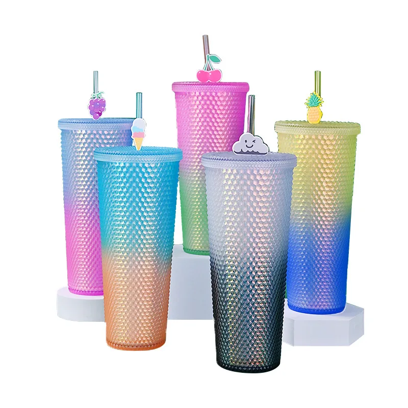 Custom Logo 710ml Reusable Diamond Drinking Cups 24 oz Multi Colors Matte Durian Tumbler with Lid and Straw