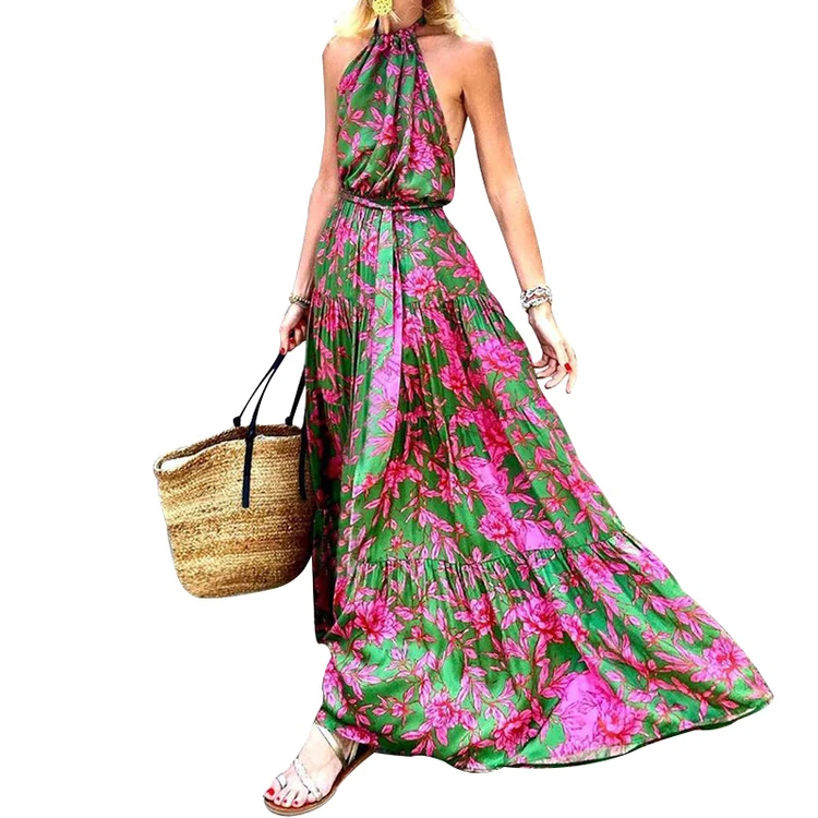 Wholesale New Style Elegant Floral Printing Chiffon Maxi Bohemia Dress Women Halter Sleeveless Long A-line Dress