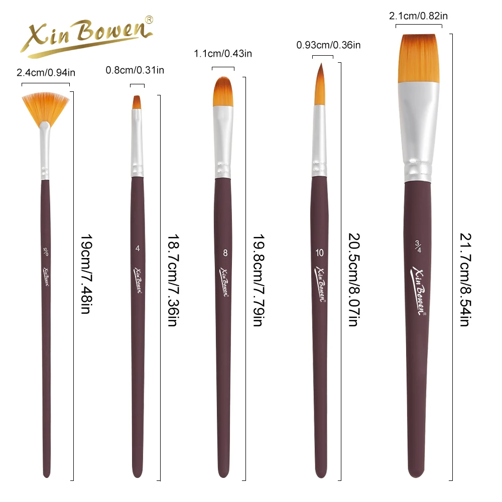 Xin Bowen Professional Art Brush Set 5-Piece Matte Paint Rod Nylon Hair with Wood Handle for Artistic Painting