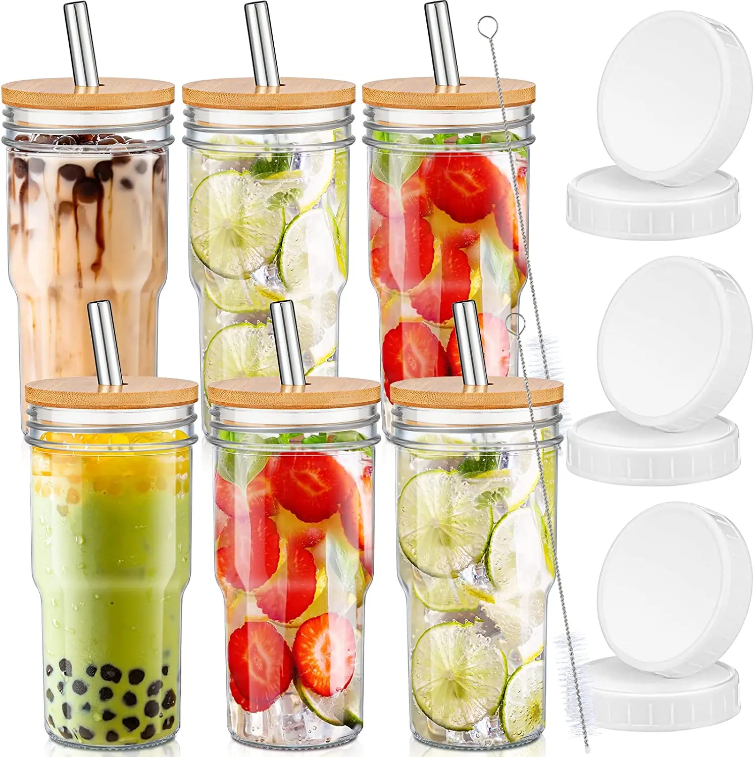 Оптовая продажа многоразовая кружка Boba для чая с пузырьками широкая каменная банка бамбуковой крышкой и дорожная из