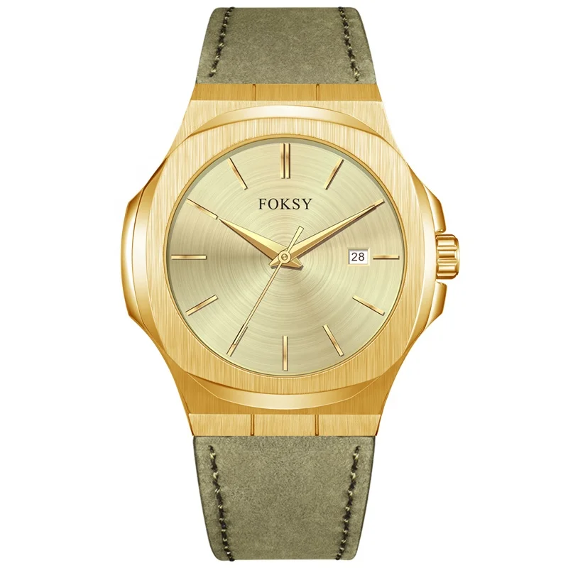 Rose Gold 316L Steel Case Green Dial Black Leather Branded Men Wrist Watch New Fashion Trendy