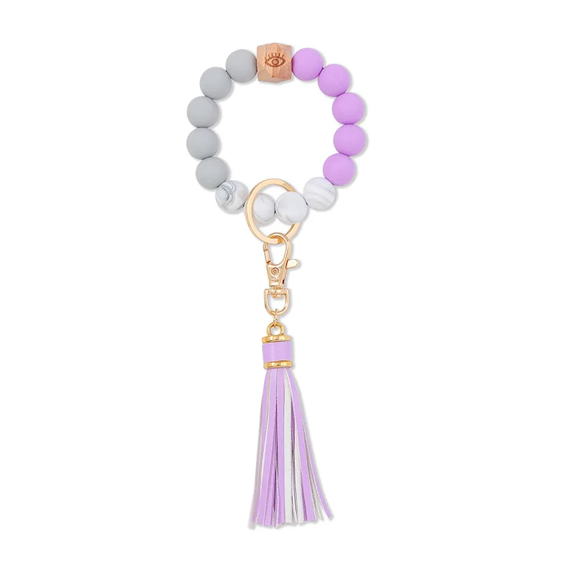 Wood bead Wristlet food grade Key Ring Keyrings Holder Silicone evil Bead eye Tassel Bracelet Bangle Keychain for women