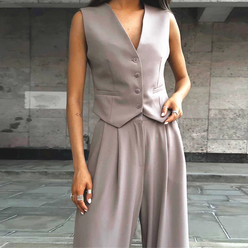 B810 Latest Design Two Piece Set Women Clothing Office Ladies Suit Waistcoats Wide Leg Pants Set 2 Piece Outfits for Women Satin