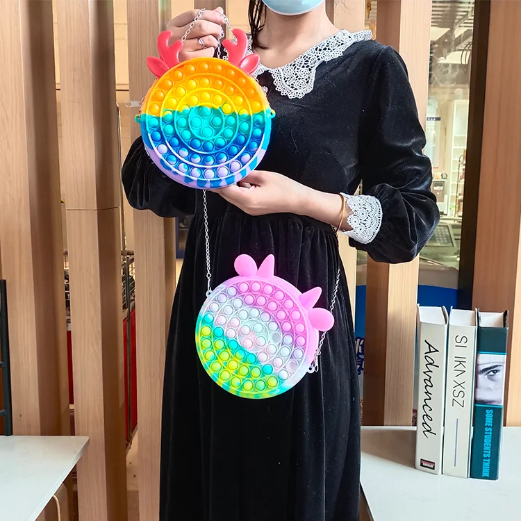 2021 rainbow cute kids plastic popping toy school push up silicone Bubble Sensory fidget pop it  Purse Children coin bag